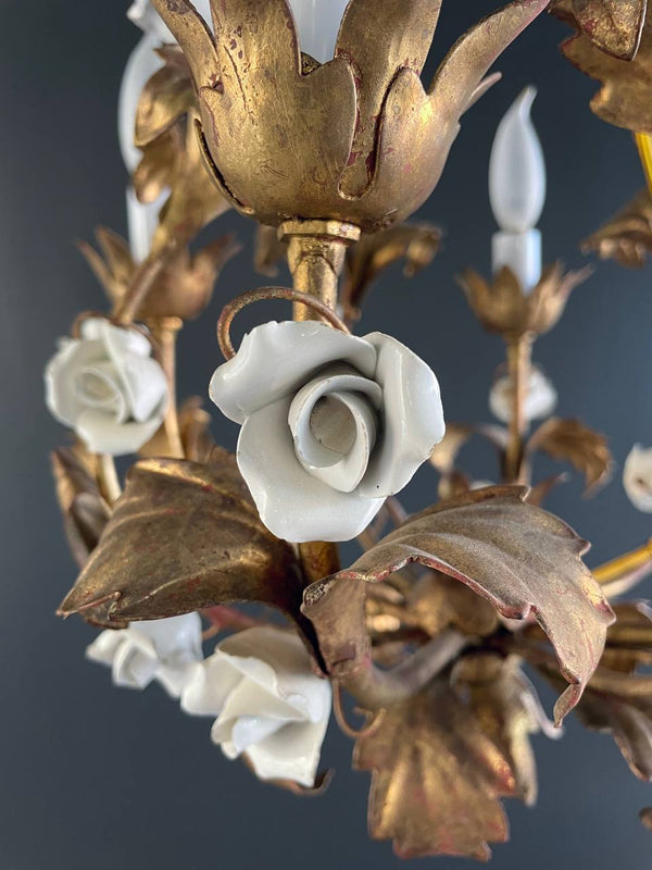 Vintage Italian Gold-Leafed Tole Chandelier With Porcelain Roses, c.1960’s