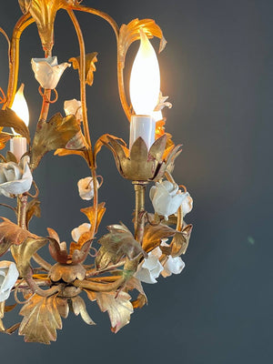 Vintage Italian Gold-Leafed Tole Chandelier With Porcelain Roses, c.1960’s