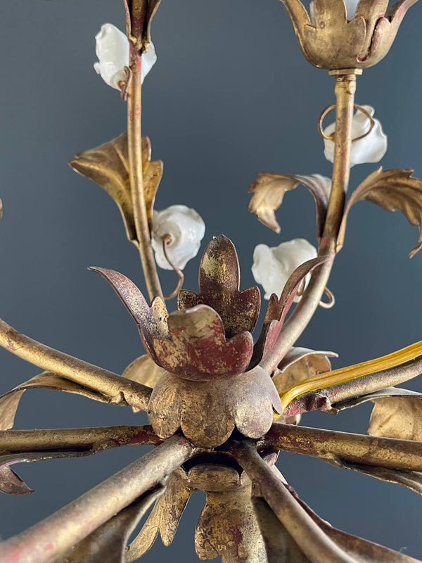 Vintage Italian Gold-Leafed Tole Chandelier With Porcelain Roses, c.1960’s
