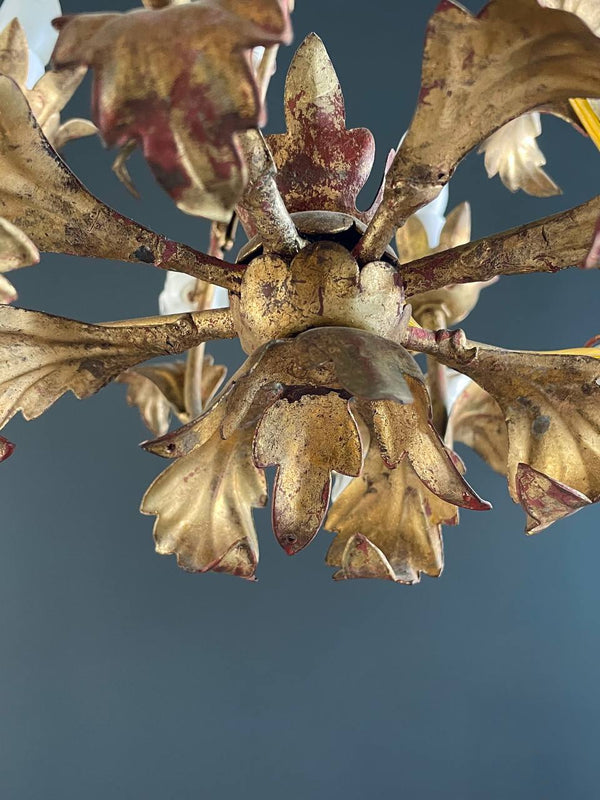 Vintage Italian Gold-Leafed Tole Chandelier With Porcelain Roses, c.1960’s