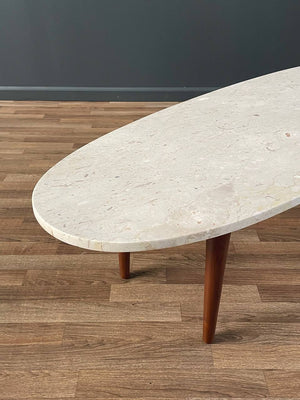 Mid-Century Modern Surfboard Style Walnut & Marble Stone Coffee Table, c.1960’s