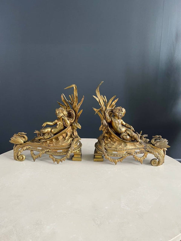 Pair of French Antique Cast Brass Belle Epoque Style Andirons, c.1,920’s