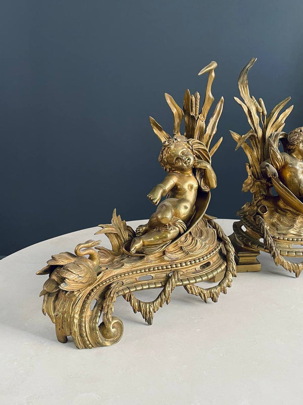 Pair of French Antique Cast Brass Belle Epoque Style Andirons, c.1,920’s