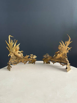 Pair of French Antique Cast Brass Belle Epoque Style Andirons, c.1,920’s
