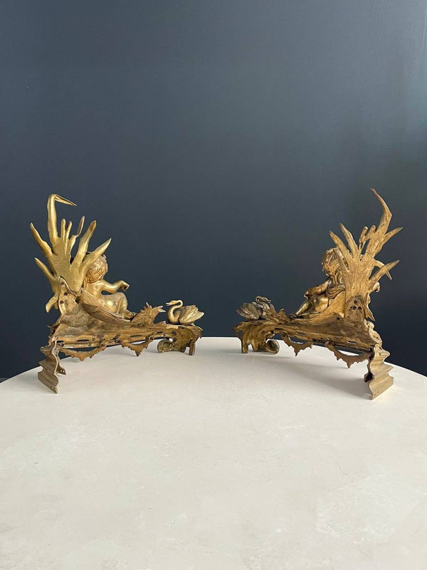 Pair of French Antique Cast Brass Belle Epoque Style Andirons, c.1,920’s