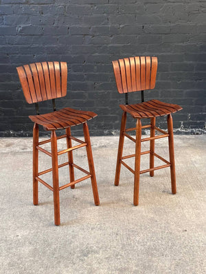 Pair of Mid-Century Modern Sculpted Slatted Walnut & Iron Bar Stools, c.1960’s