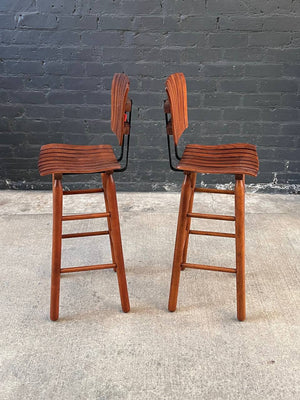 Pair of Mid-Century Modern Sculpted Slatted Walnut & Iron Bar Stools, c.1960’s