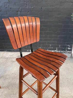 Pair of Mid-Century Modern Sculpted Slatted Walnut & Iron Bar Stools, c.1960’s