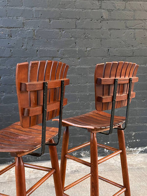 Pair of Mid-Century Modern Sculpted Slatted Walnut & Iron Bar Stools, c.1960’s