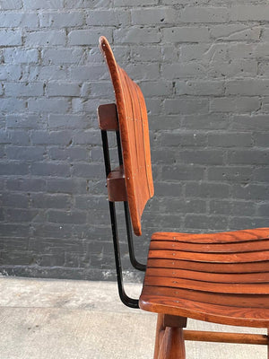 Pair of Mid-Century Modern Sculpted Slatted Walnut & Iron Bar Stools, c.1960’s