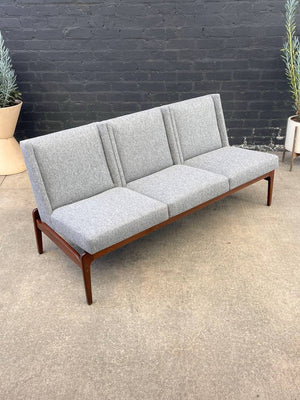 Mid-Century Modern Sculpted Walnut & New Tweed Fabric Sofa, c.1960’s