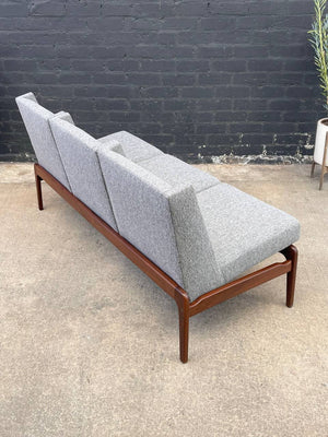 Mid-Century Modern Sculpted Walnut & New Tweed Fabric Sofa, c.1960’s