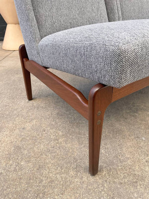 Mid-Century Modern Sculpted Walnut & New Tweed Fabric Sofa, c.1960’s