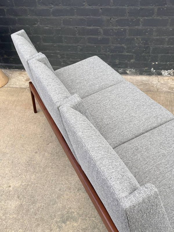 Mid-Century Modern Sculpted Walnut & New Tweed Fabric Sofa, c.1960’s