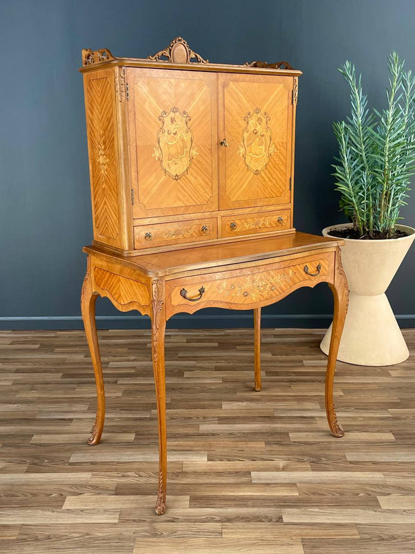 Vintage Antique Louis XV-Style Inlaid Wood Secretary Desk, 1940’s