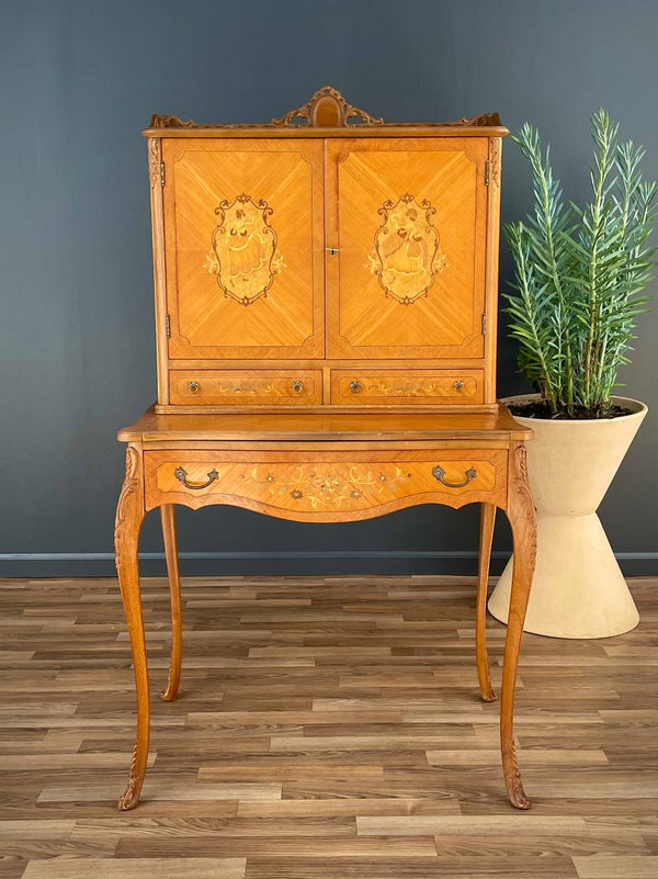 Vintage Antique Louis XV-Style Inlaid Wood Secretary Desk, 1940’s