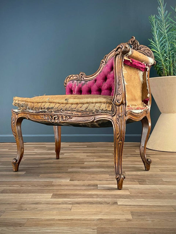 Antique French Louis XV-Style Carved Walnut Chaise Lounge, c.1940’s