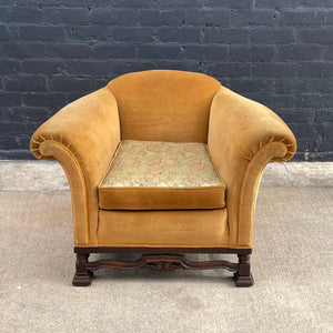 Antique Club Lounge Chair with Mahogany Carved Details, c.1950’s