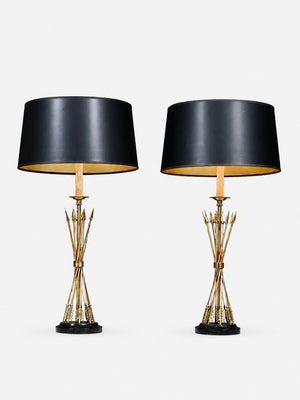 Pair of French Neoclassical Style Brass Arrow & Black Marble Table Lamps by Maitland-Smith, c.1980’s