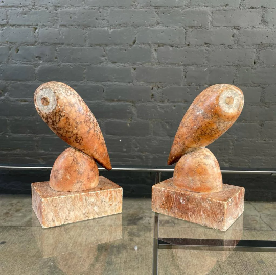 Pair of Vintage Italian Marble Owl Bookend Sculptures