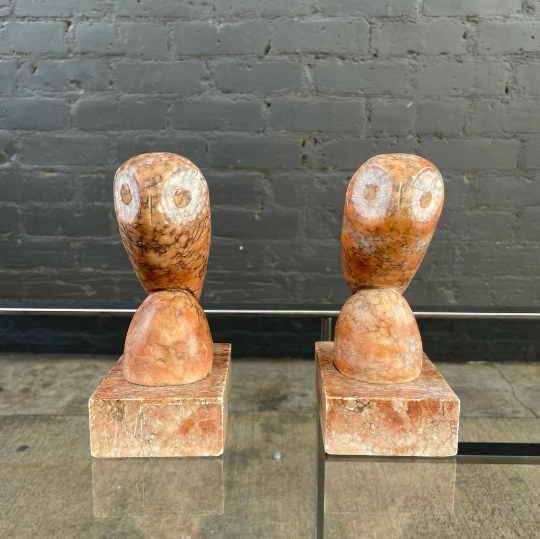 Pair of Vintage Italian Marble Owl Bookend Sculptures
