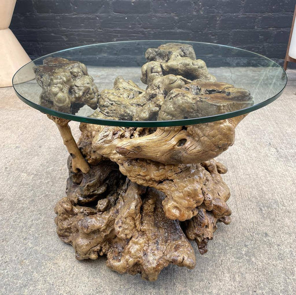 Vintage Burl Wood End / Side Table with Glass Top