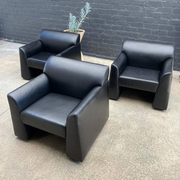 Set of 3 Vintage Black Leather Lounge Chairs