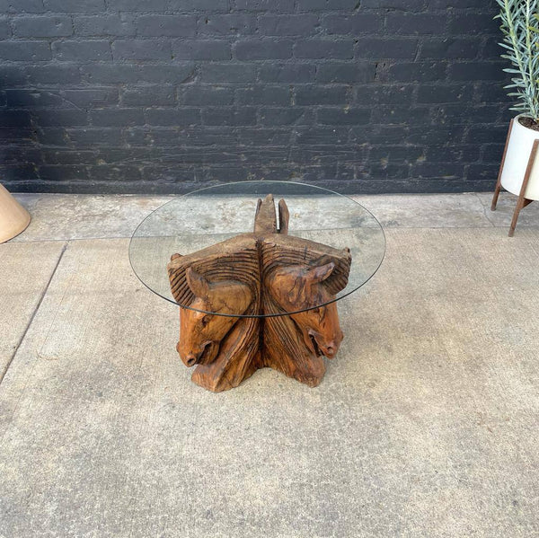 Vintage Sculpted Wood Coffee Table or Side Table with Glass Top