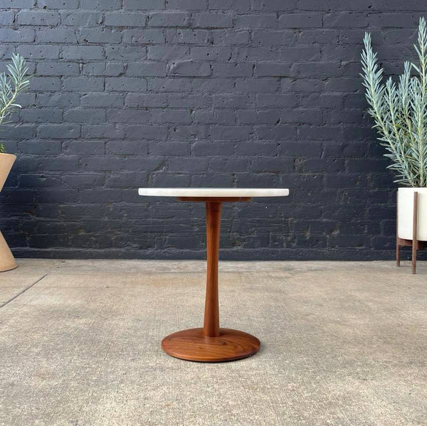 Mid-Century Modern Walnut & Marble Stone Side Table