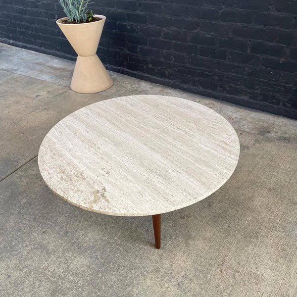 Mid-Century Modern Travertine Stone Top & Walnut Coffee Table, c.1960’s