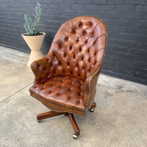 Vintage Cognac Button Tufted Leather Office Chair, c.1960’s