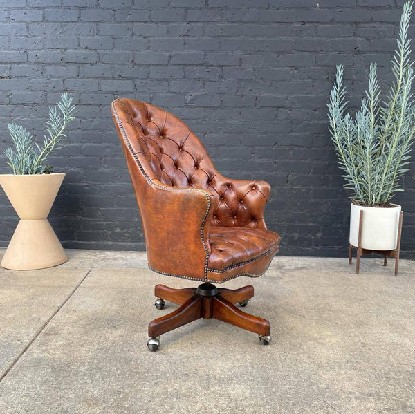 Vintage Cognac Button Tufted Leather Office Chair, c.1960’s