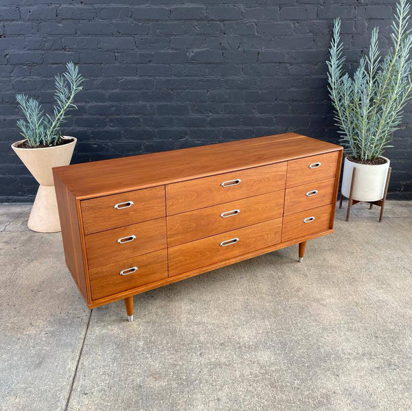 Mid-Century Modern 9-Drawer Walnut Dresser with Chrome Pulls, c.1960’s