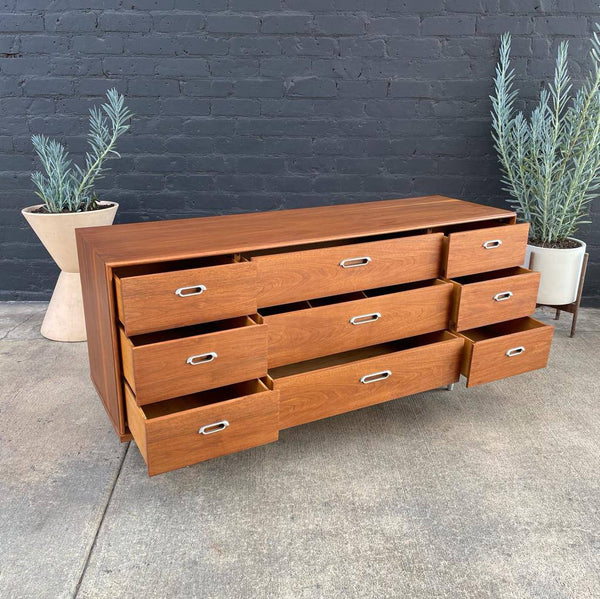 Mid-Century Modern 9-Drawer Walnut Dresser with Chrome Pulls, c.1960’s