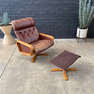 Norwegian Modern Leather Lounge Chair with Ottoman by Vatne Mobler, c.1960’s