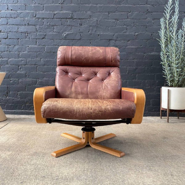 Norwegian Modern Leather Lounge Chair with Ottoman by Vatne Mobler, c.1960’s