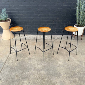 Set of 3 Vintage Iron & Oak Bar Stool