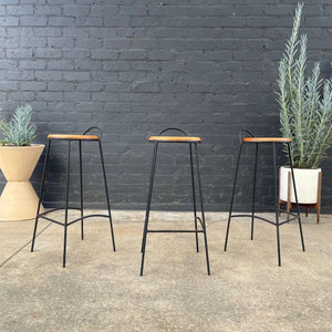 Set of 3 Vintage Iron & Oak Bar Stool