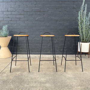 Set of 3 Vintage Iron & Oak Bar Stool