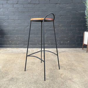Set of 3 Vintage Iron & Oak Bar Stool