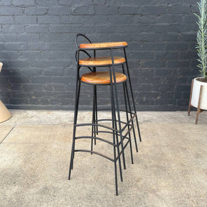 Set of 3 Vintage Iron & Oak Bar Stool