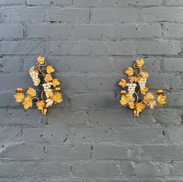 Pair of Italian Gilded Metal Floral Wall Candle Holder Sconces