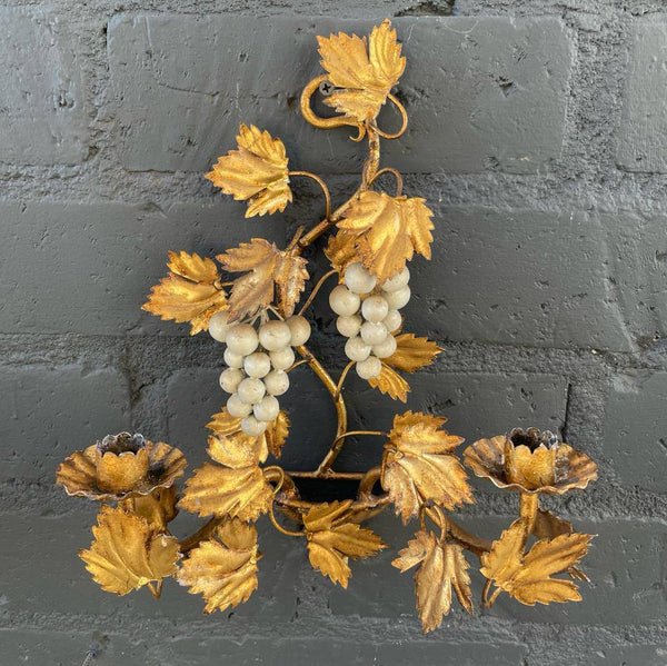 Pair of Italian Gilded Metal Floral Wall Candle Holder Sconces