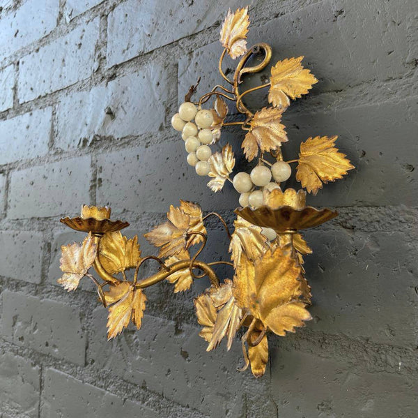 Pair of Italian Gilded Metal Floral Wall Candle Holder Sconces