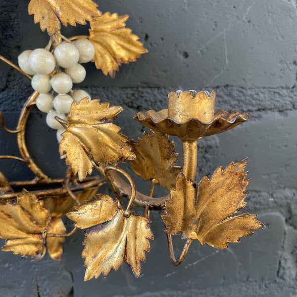 Pair of Italian Gilded Metal Floral Wall Candle Holder Sconces