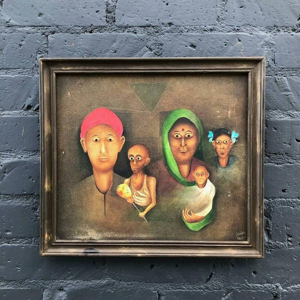 Vintage Painting of Family with Old Wood Frame