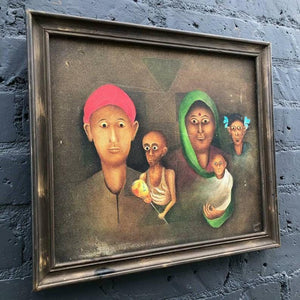 Vintage Painting of Family with Old Wood Frame