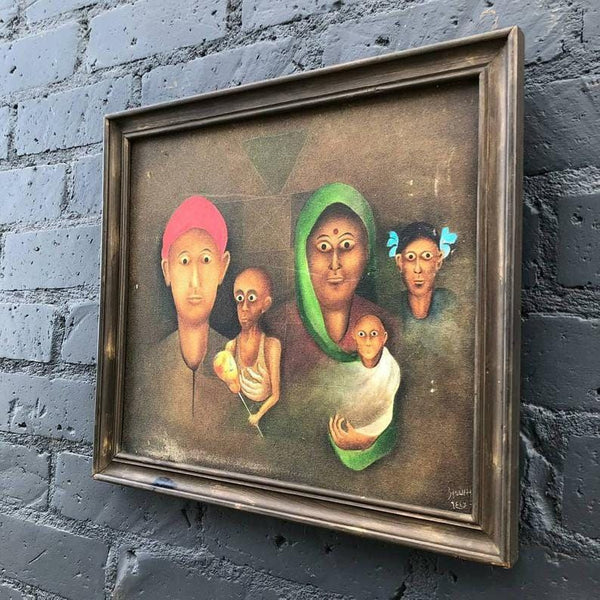 Vintage Painting of Family with Old Wood Frame