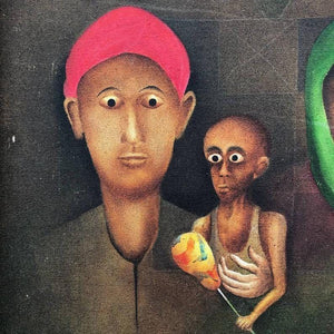 Vintage Painting of Family with Old Wood Frame