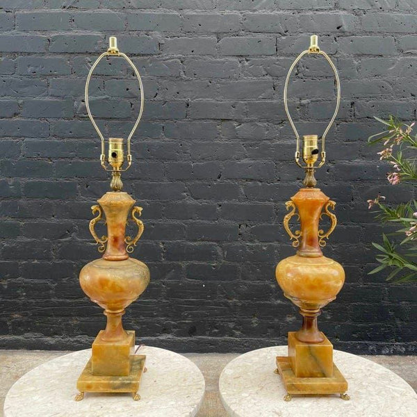 Pair of Italian Alabaster Table Lamps with Brass Motif, c.1960’s